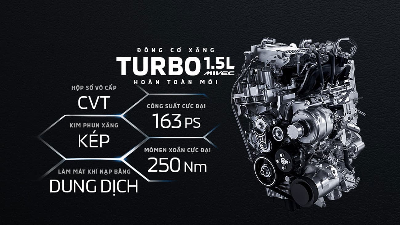Động cơ xăng TURBO 1.5L MIVEC\nTăng tốc mạnh mẽ, hiệu quả nhờ hệ thống kim phun xăng kép và làm mát khí nạp bằng dung dịch.